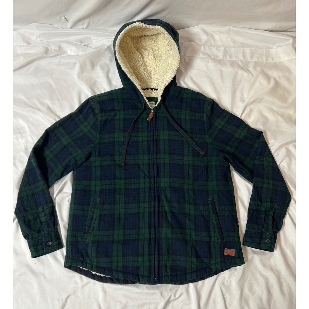 LL Bean Flannel Shirt Jacket Black Watch Plaid Sherpa Lined Hoodie Women's Med
